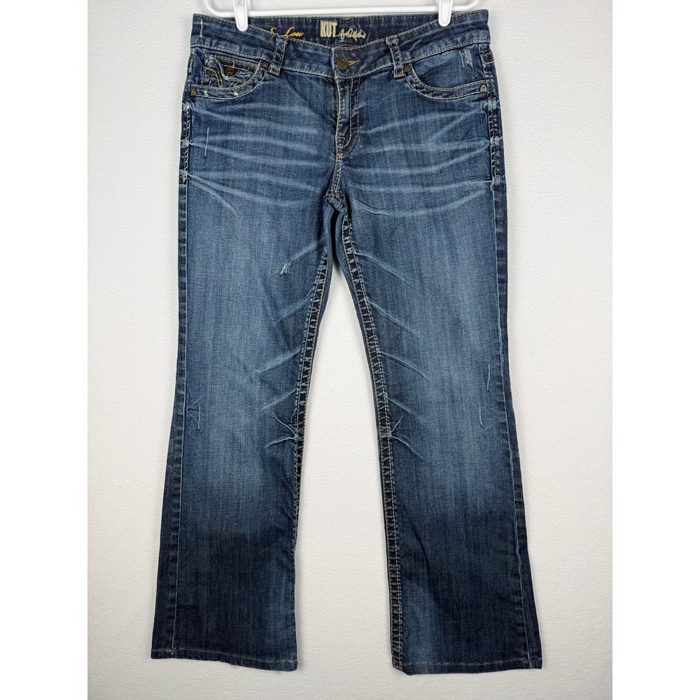 Kut from the Kloth So Low Bootcut Jeans Womens 12 Distressed Blue Denim KP703MA1